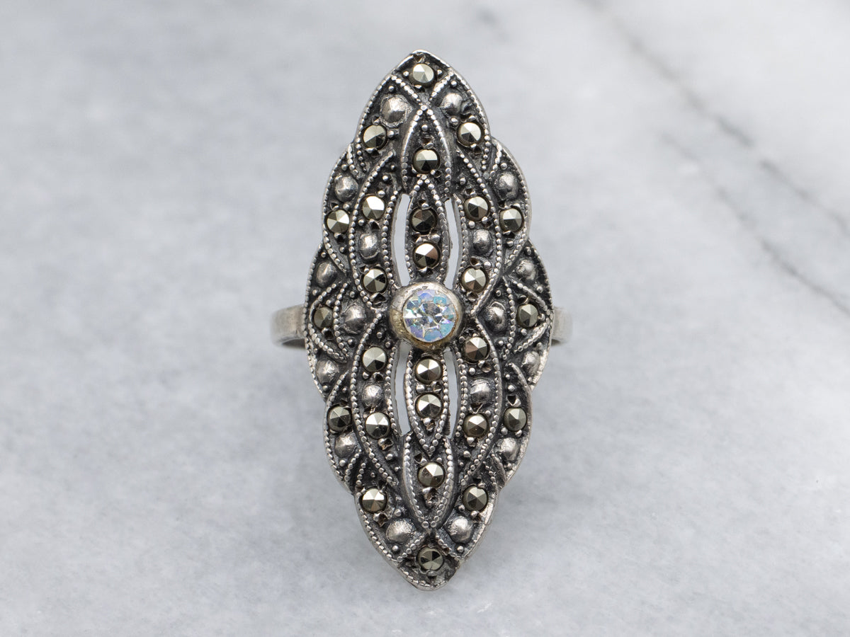 Vintage Sterling Silver Rhinestone and Marcasite Encrusted Navette Ring