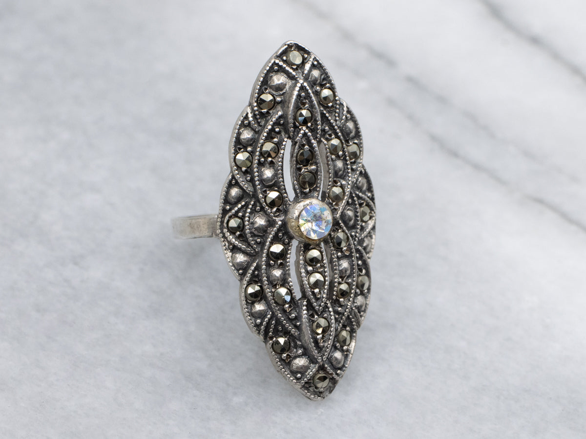 Vintage Sterling Silver Rhinestone and Marcasite Encrusted Navette Ring