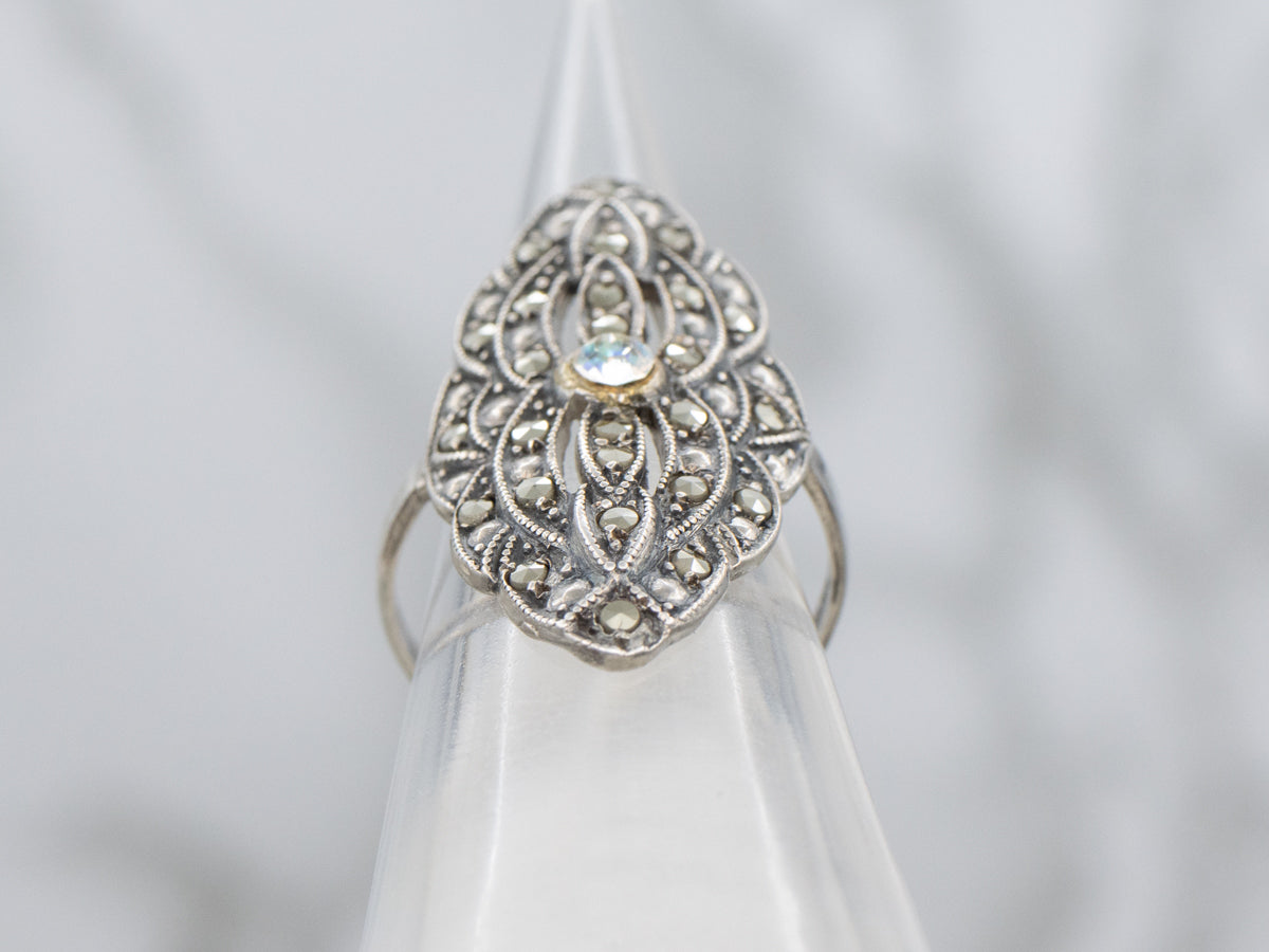 Vintage Sterling Silver Rhinestone and Marcasite Encrusted Navette Ring