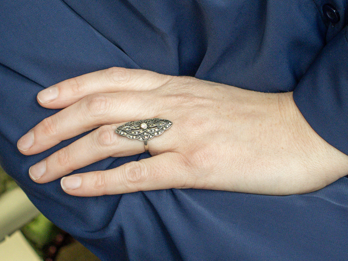 Vintage Sterling Silver Rhinestone and Marcasite Encrusted Navette Ring