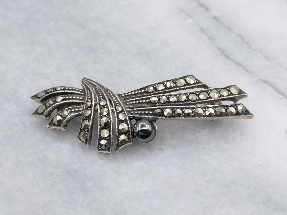 Art Deco Era Sterling Silver Hematite and Marcasite Brooch