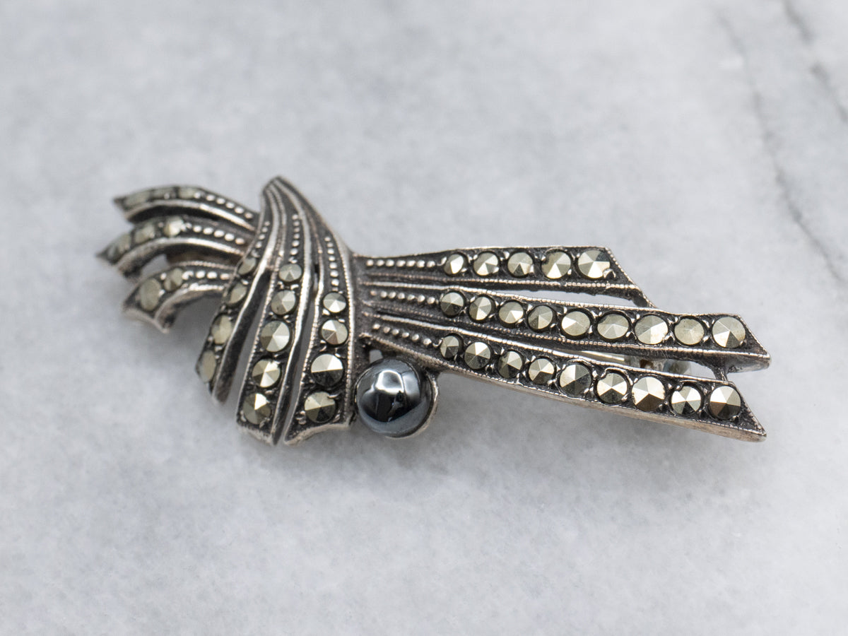 Art Deco Era Sterling Silver Hematite and Marcasite Brooch