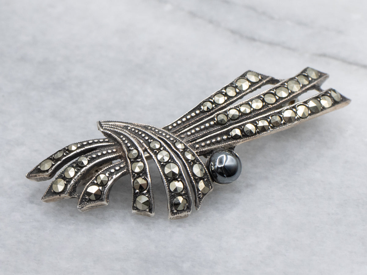 Art Deco Era Sterling Silver Hematite and Marcasite Brooch
