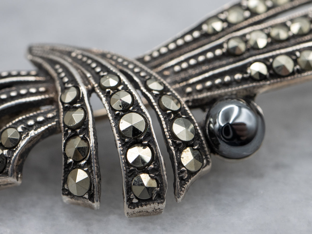 Art Deco Era Sterling Silver Hematite and Marcasite Brooch