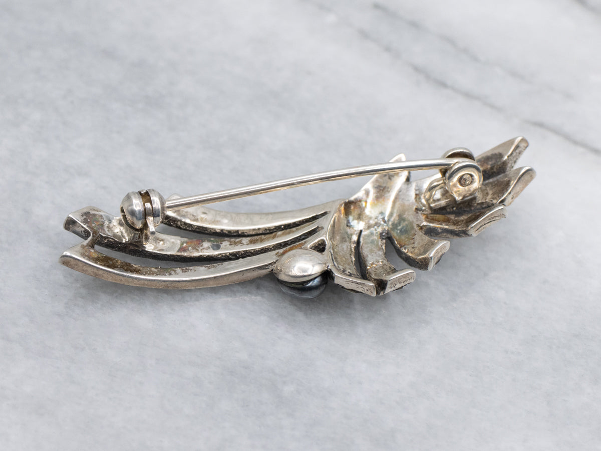 Art Deco Era Sterling Silver Hematite and Marcasite Brooch
