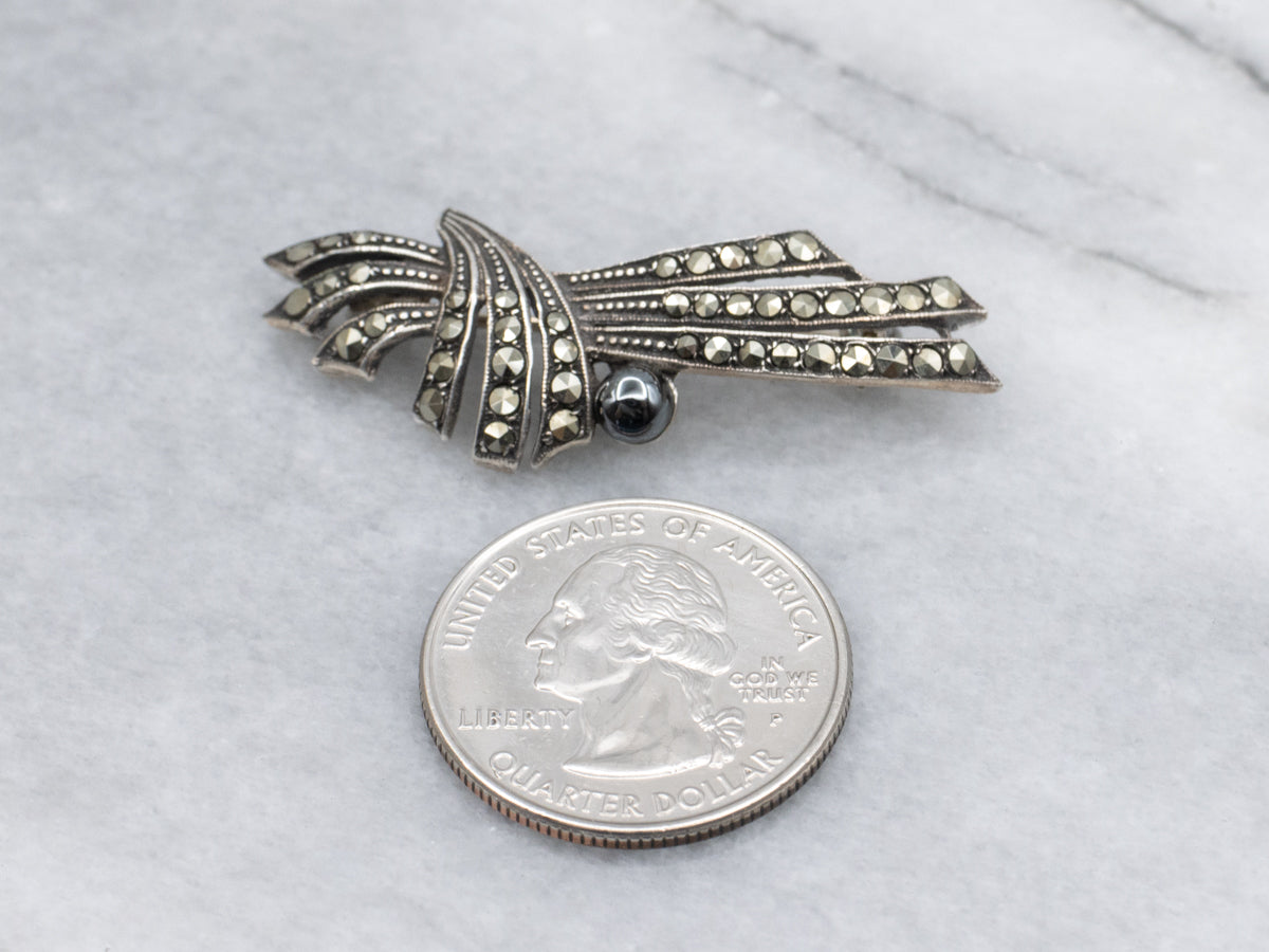 Art Deco Era Sterling Silver Hematite and Marcasite Brooch