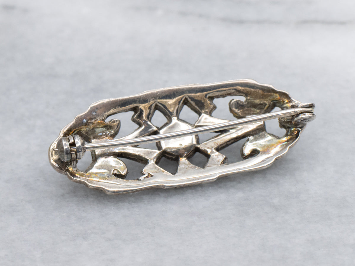 1920s Sterling Silver Hematite and Marcasite Flourish Brooch