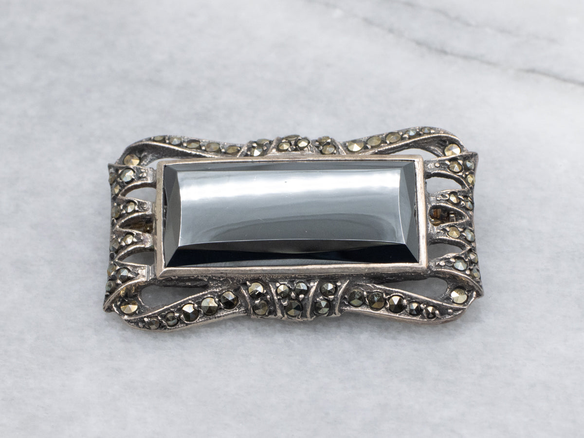 Art Deco Era Sterling Silver Hematite and Marcasite Brooch