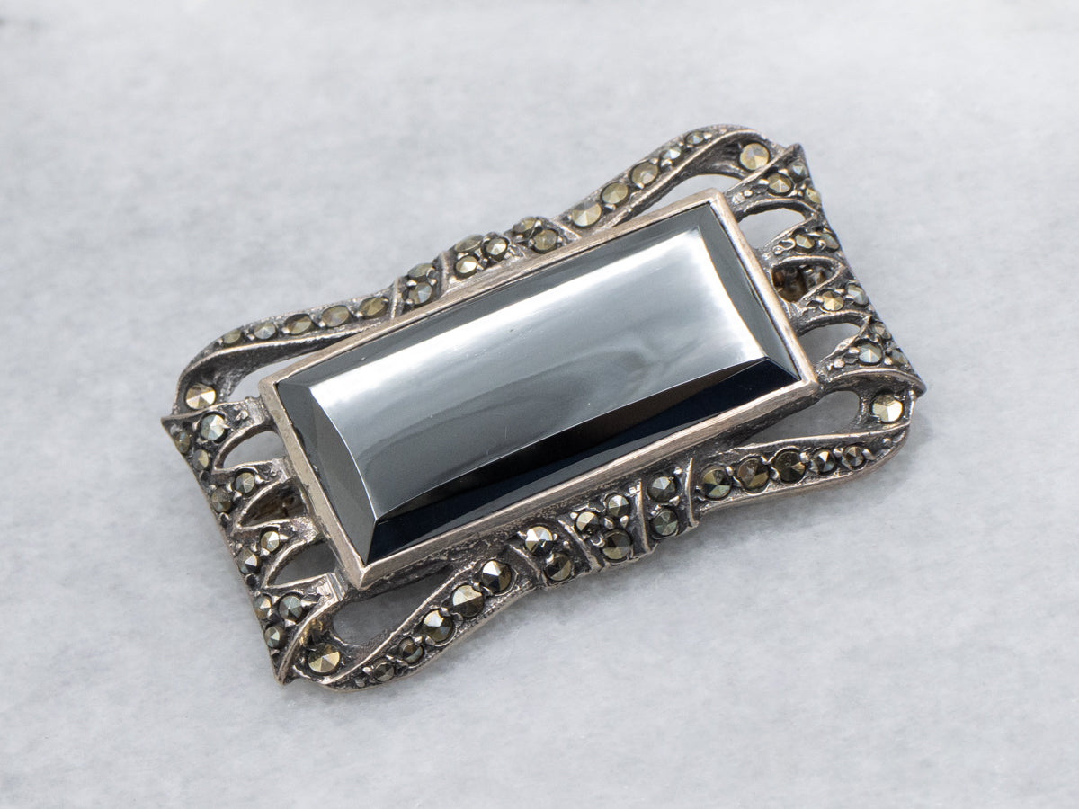 Art Deco Era Sterling Silver Hematite and Marcasite Brooch