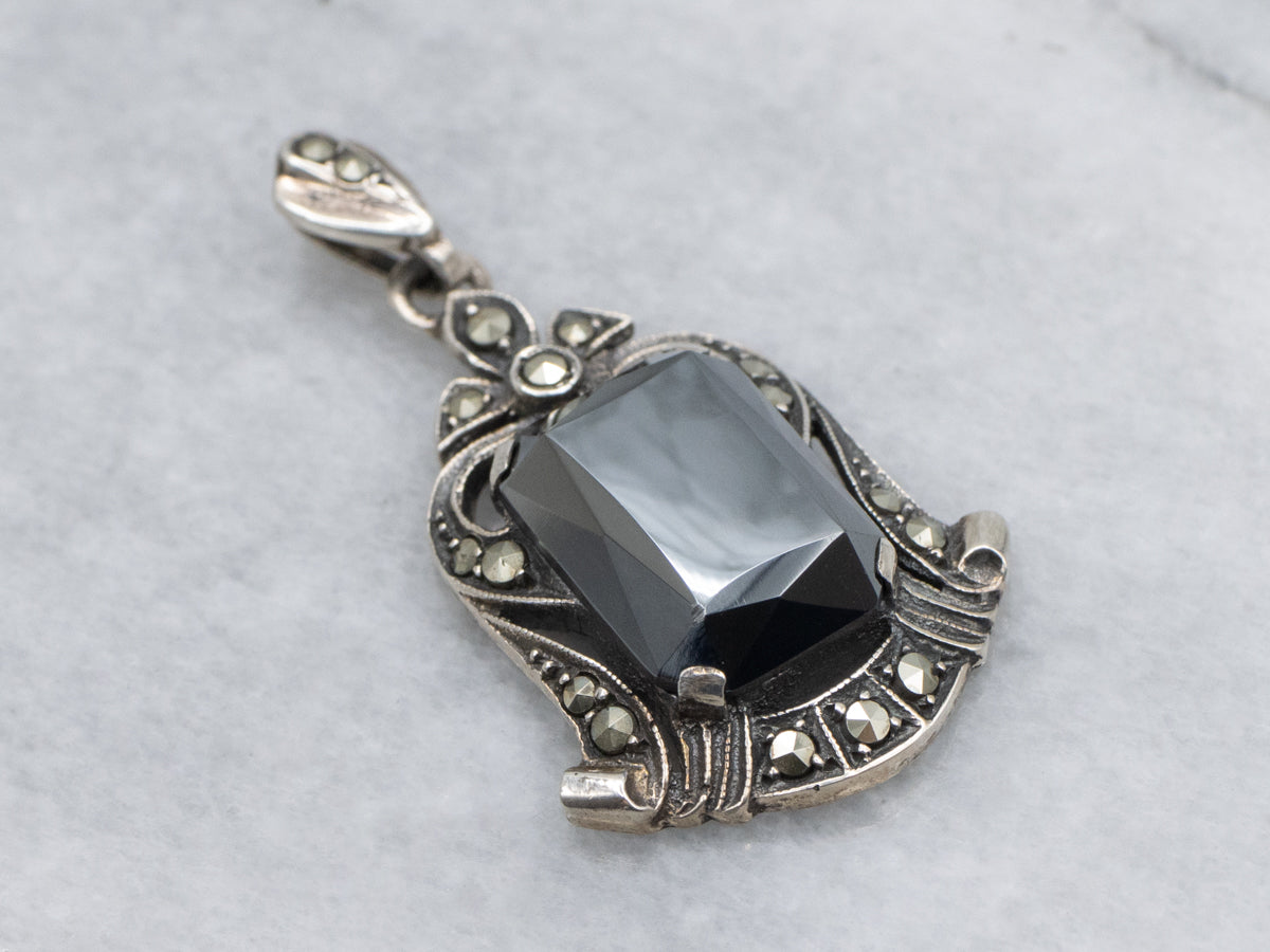 Antique Sterling Silver Hematite and Marcasite Pendant