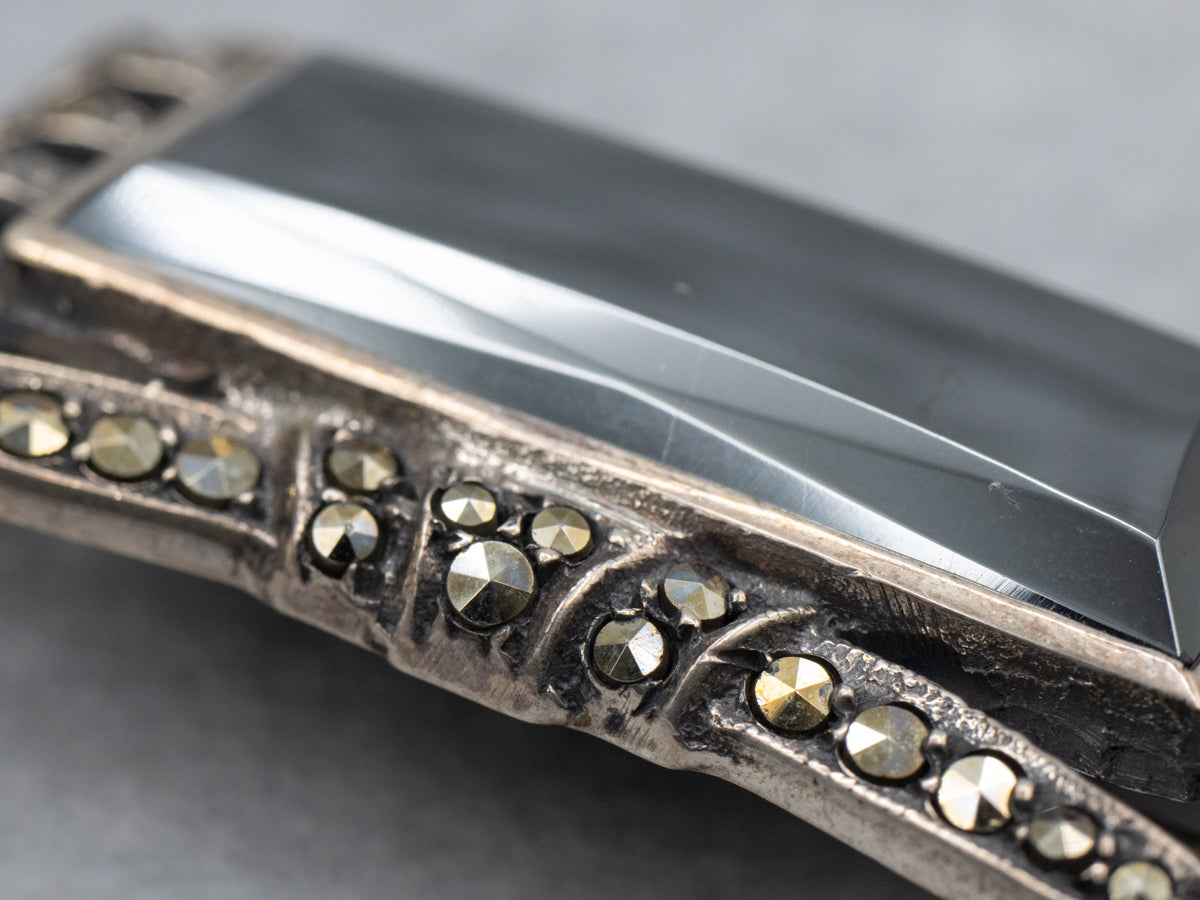 Art Deco Era Sterling Silver Hematite and Marcasite Brooch