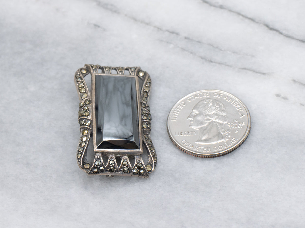 Art Deco Era Sterling Silver Hematite and Marcasite Brooch