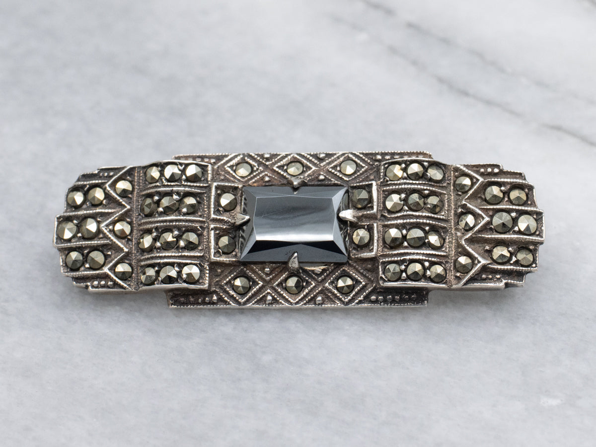 Art Deco Era Sterling Silver Hematite and Marcasite Brooch