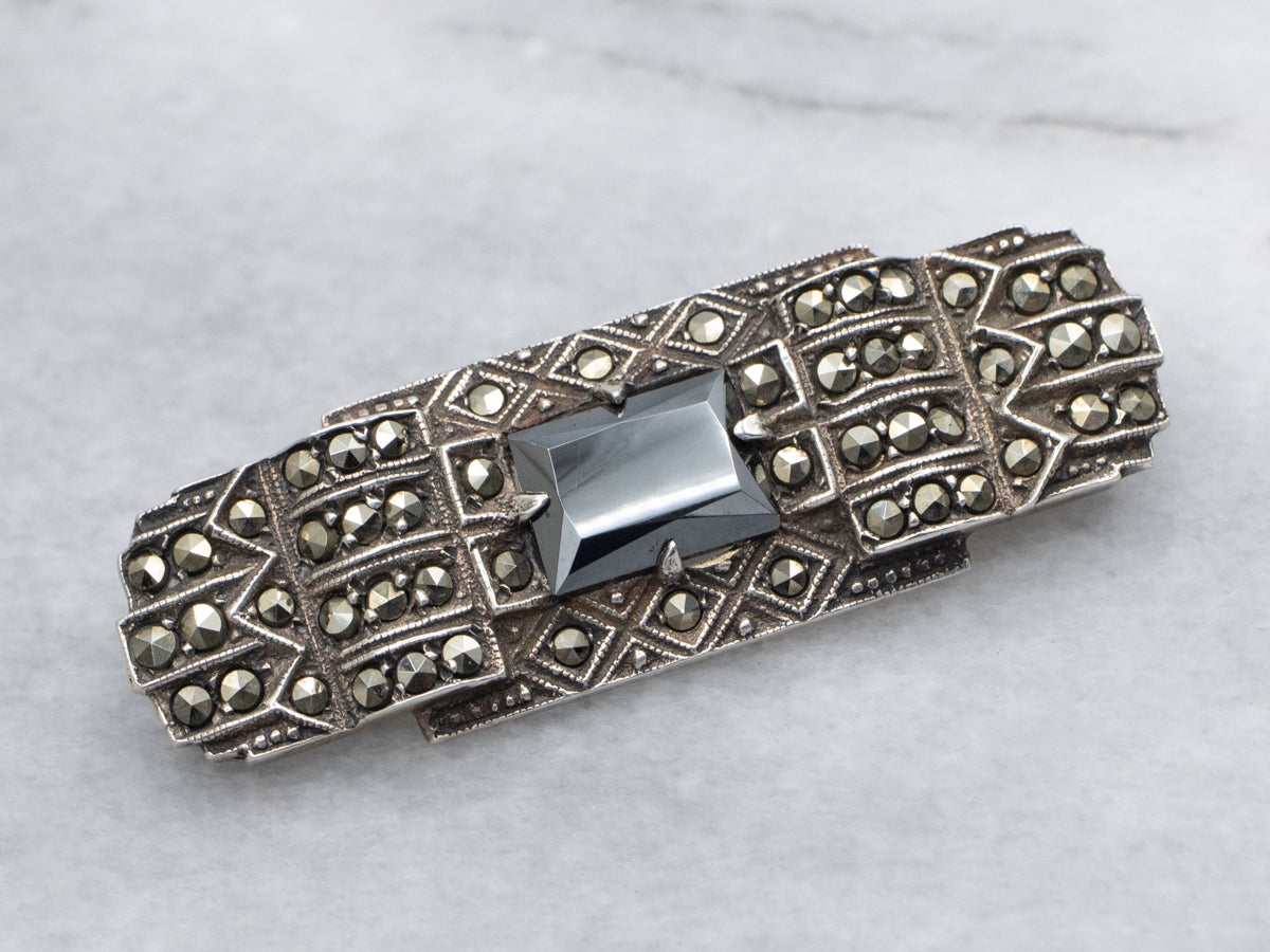 Art Deco Era Sterling Silver Hematite and Marcasite Brooch