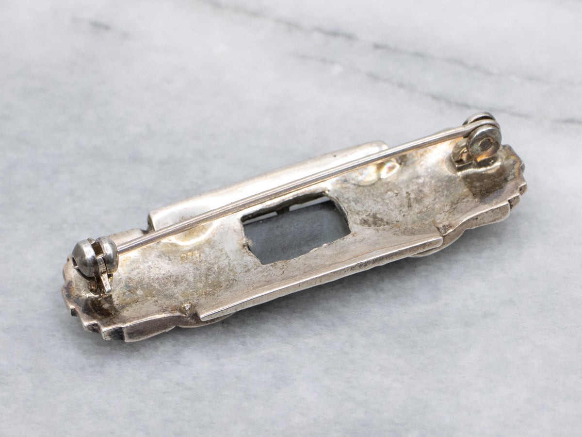 Art Deco Era Sterling Silver Hematite and Marcasite Brooch