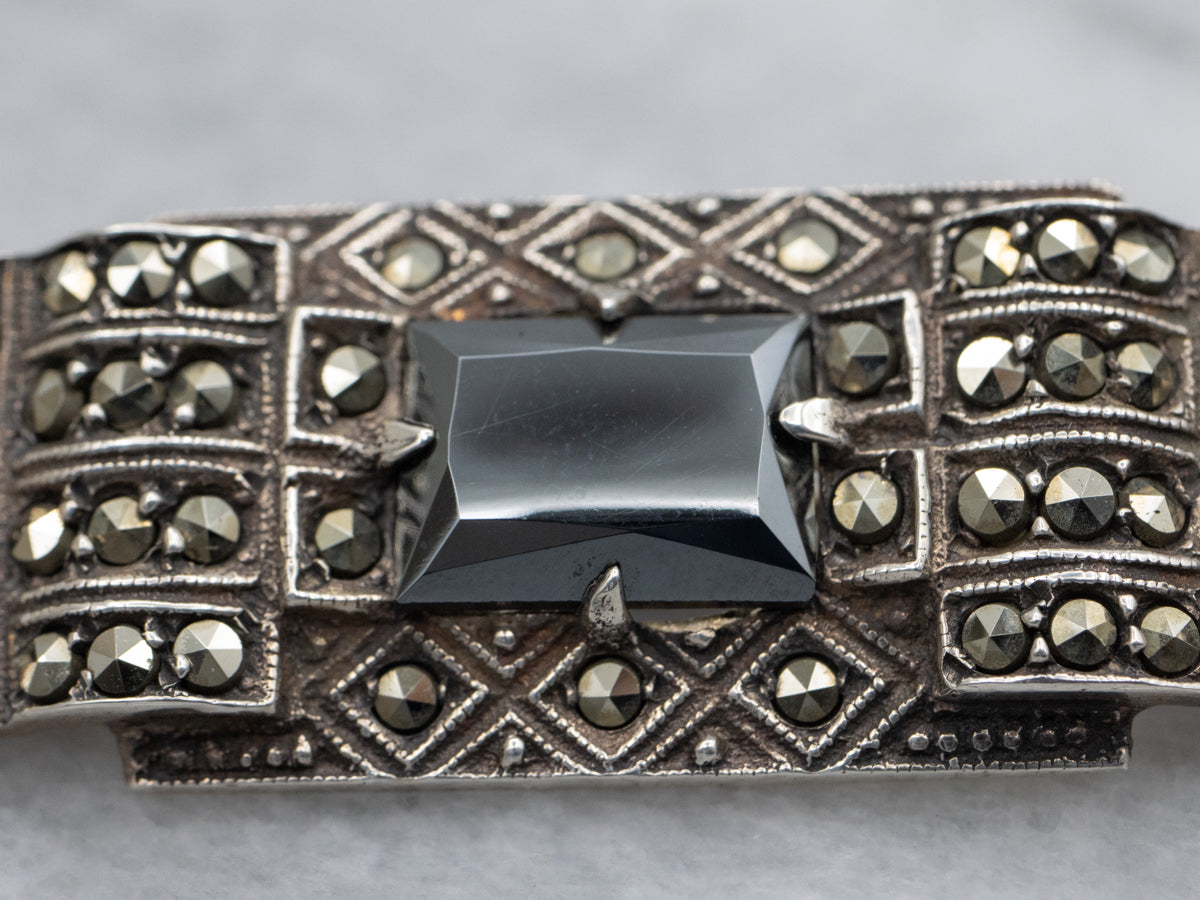 Art Deco Era Sterling Silver Hematite and Marcasite Brooch