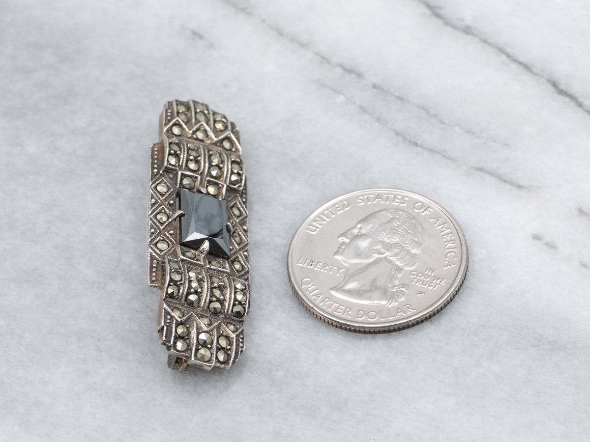 Art Deco Era Sterling Silver Hematite and Marcasite Brooch