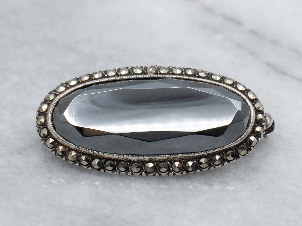 Sterling Silver 1920s Hematite and Marcasite Halo Brooch