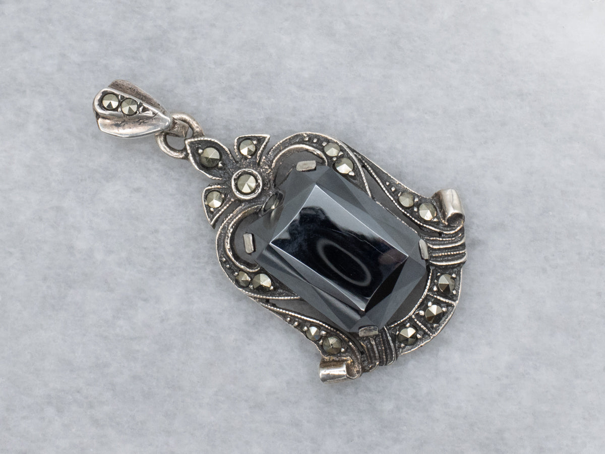 Antique Sterling Silver Hematite and Marcasite Pendant