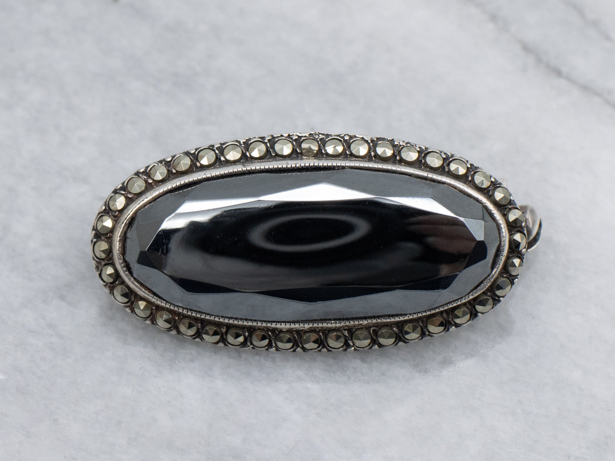 Sterling Silver 1920s Hematite and Marcasite Halo Brooch