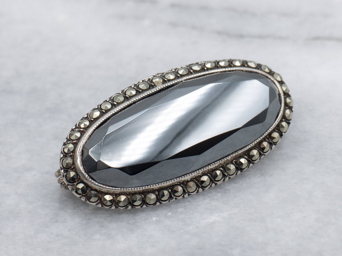 Sterling Silver 1920s Hematite and Marcasite Halo Brooch