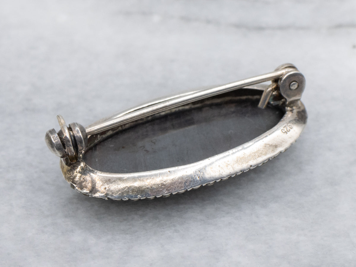 Sterling Silver 1920s Hematite and Marcasite Halo Brooch