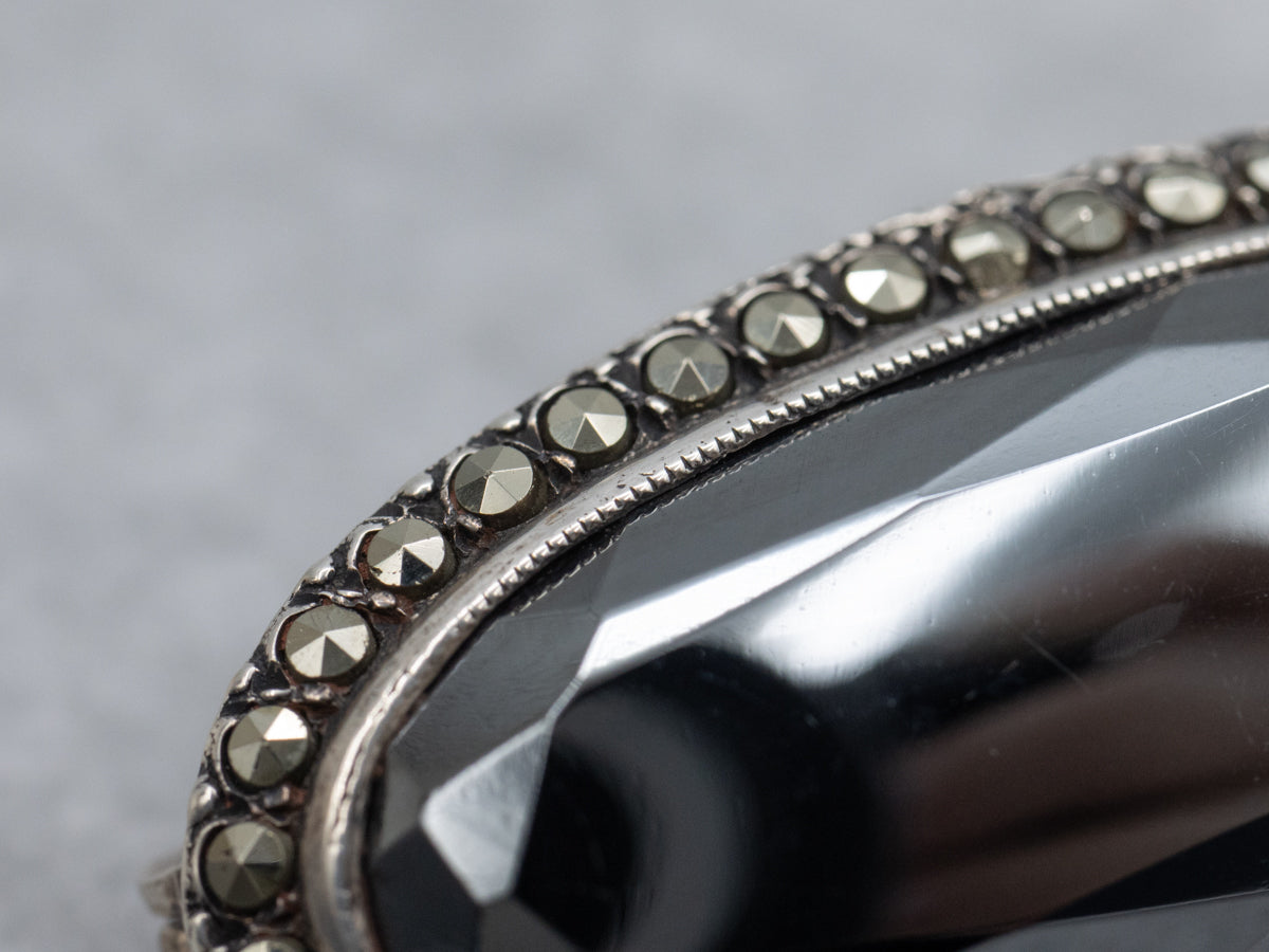 Sterling Silver 1920s Hematite and Marcasite Halo Brooch