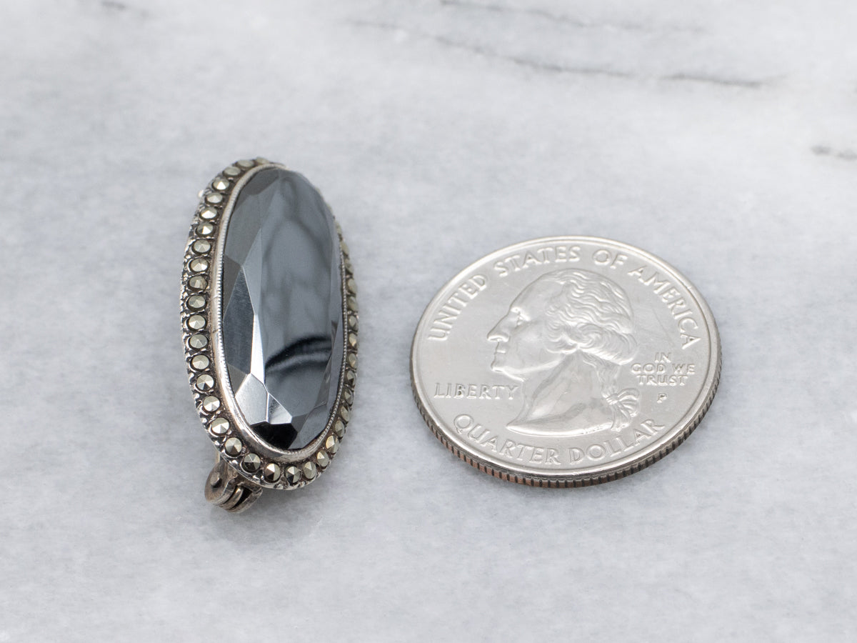 Sterling Silver 1920s Hematite and Marcasite Halo Brooch