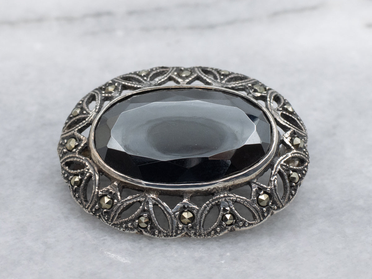 Antique Sterling Silver Hematite and Marcasite Botanical Brooch