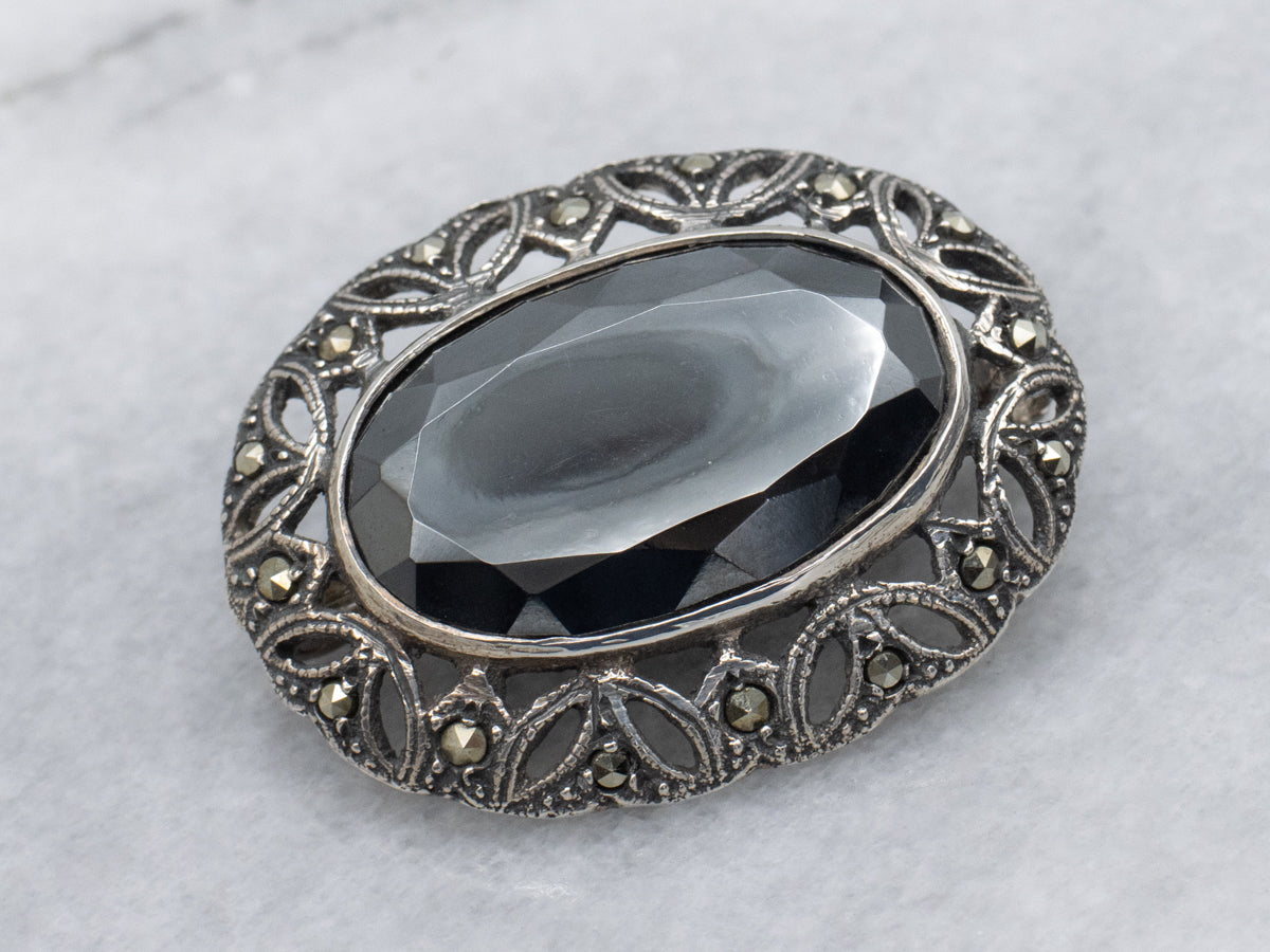 Antique Sterling Silver Hematite and Marcasite Botanical Brooch