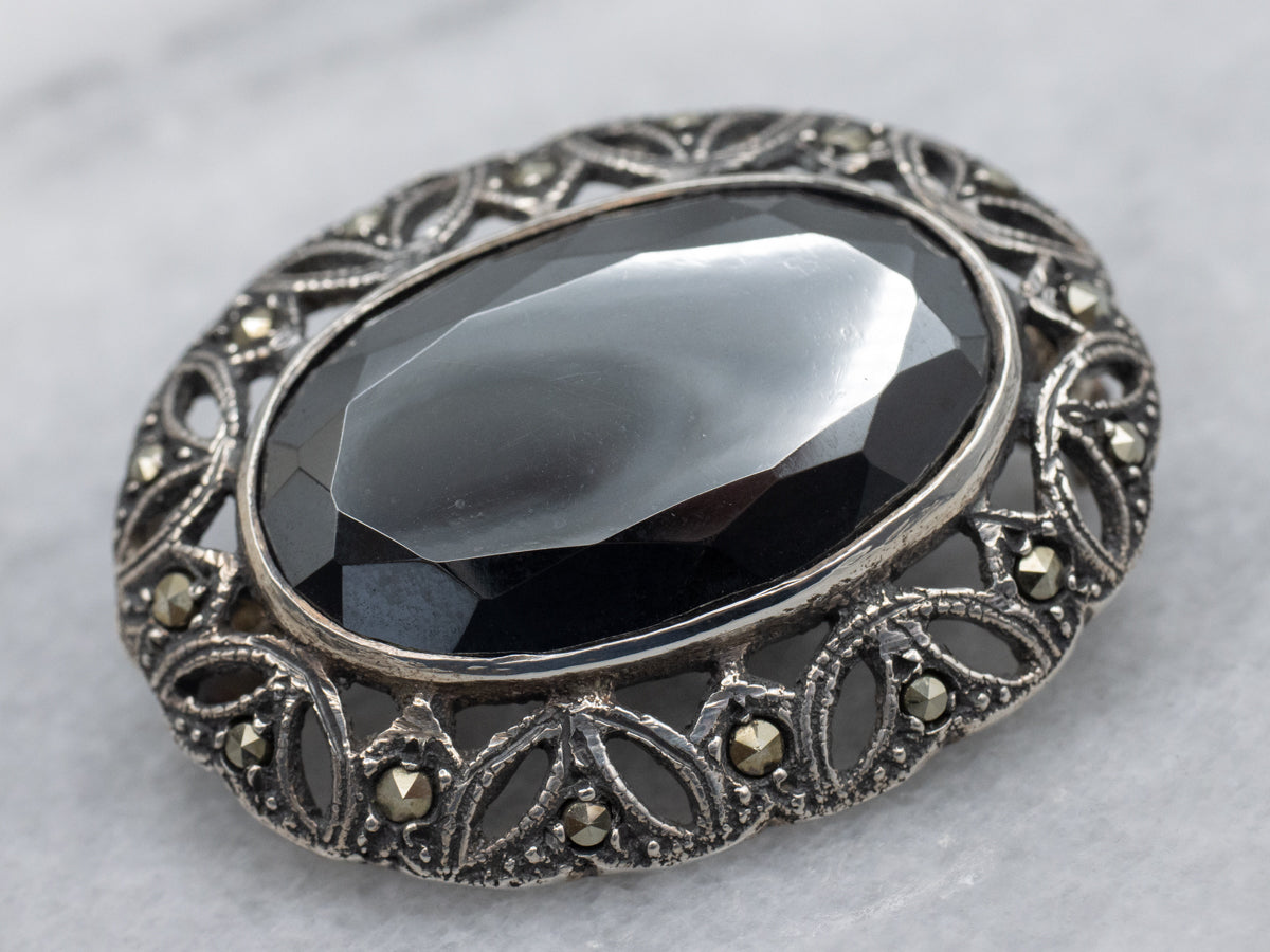 Antique Sterling Silver Hematite and Marcasite Botanical Brooch