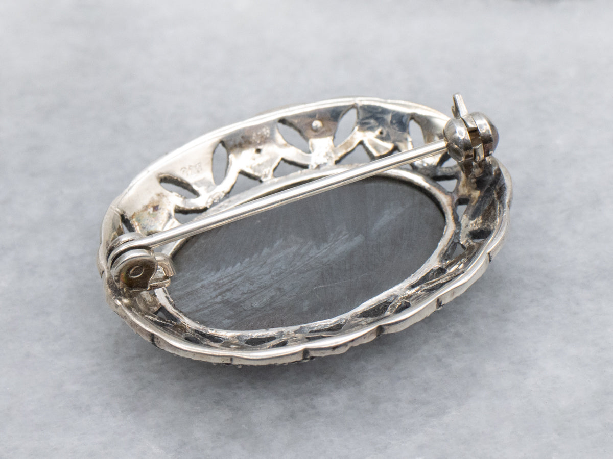 Antique Sterling Silver Hematite and Marcasite Botanical Brooch