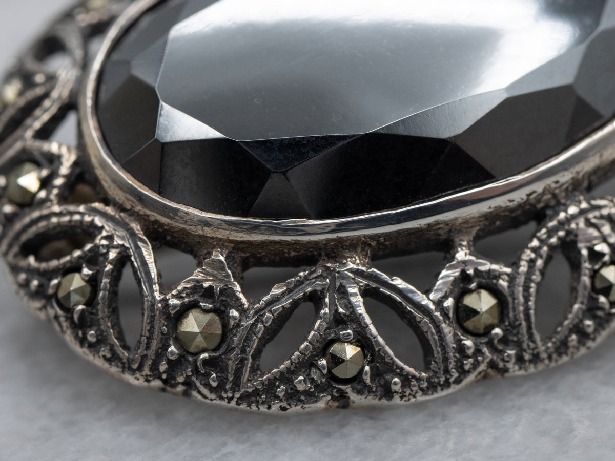 Antique Sterling Silver Hematite and Marcasite Botanical Brooch