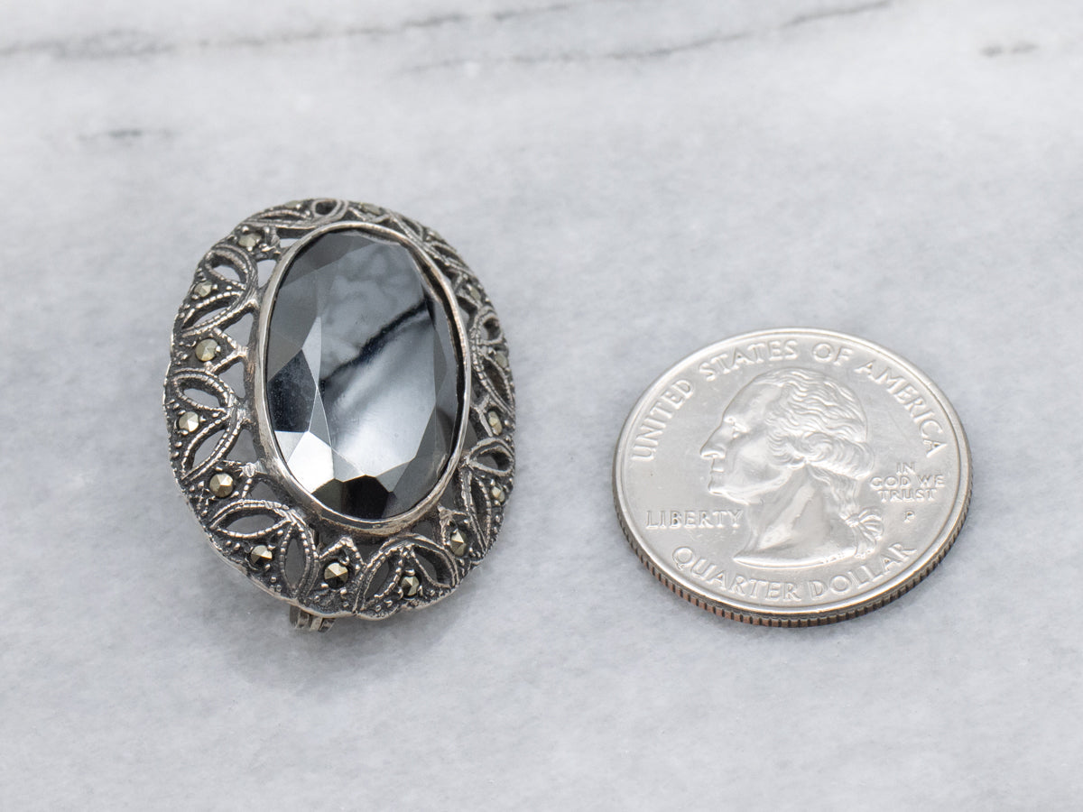 Antique Sterling Silver Hematite and Marcasite Botanical Brooch