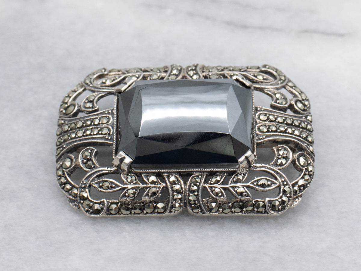Sterling Silver 1920s Hematite and Marcasite Botanical Brooch
