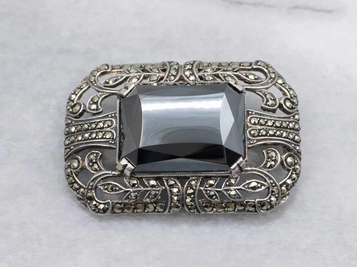 Sterling Silver 1920s Hematite and Marcasite Botanical Brooch