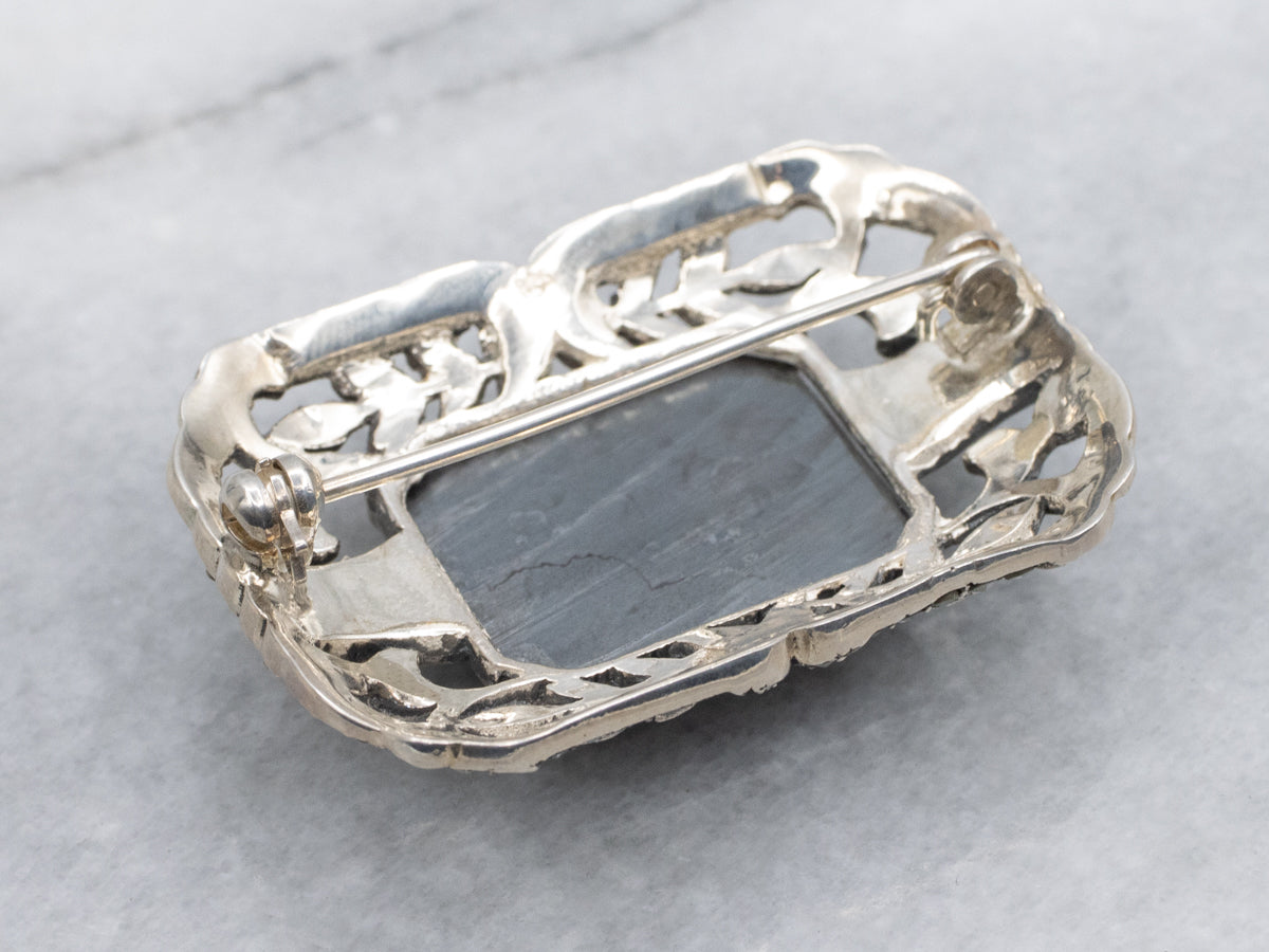 Sterling Silver 1920s Hematite and Marcasite Botanical Brooch