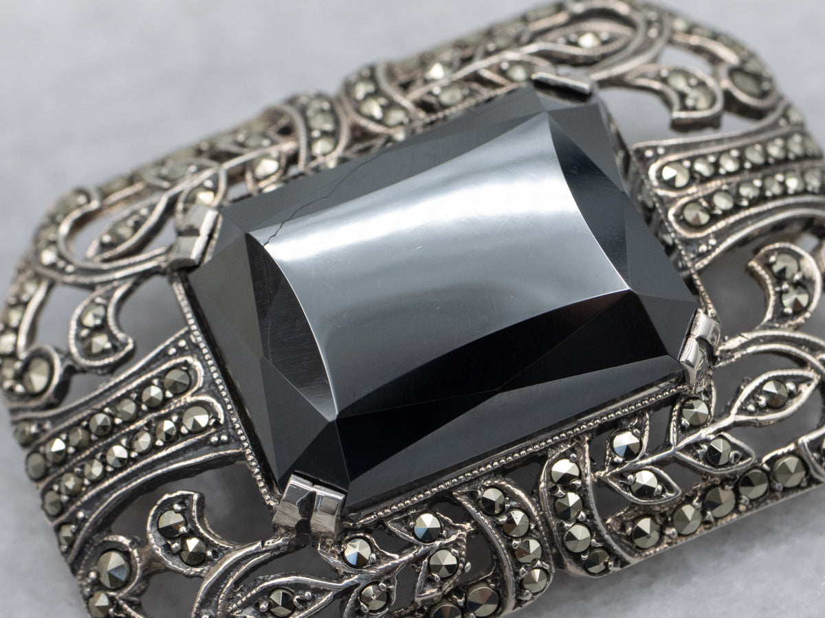 Sterling Silver 1920s Hematite and Marcasite Botanical Brooch
