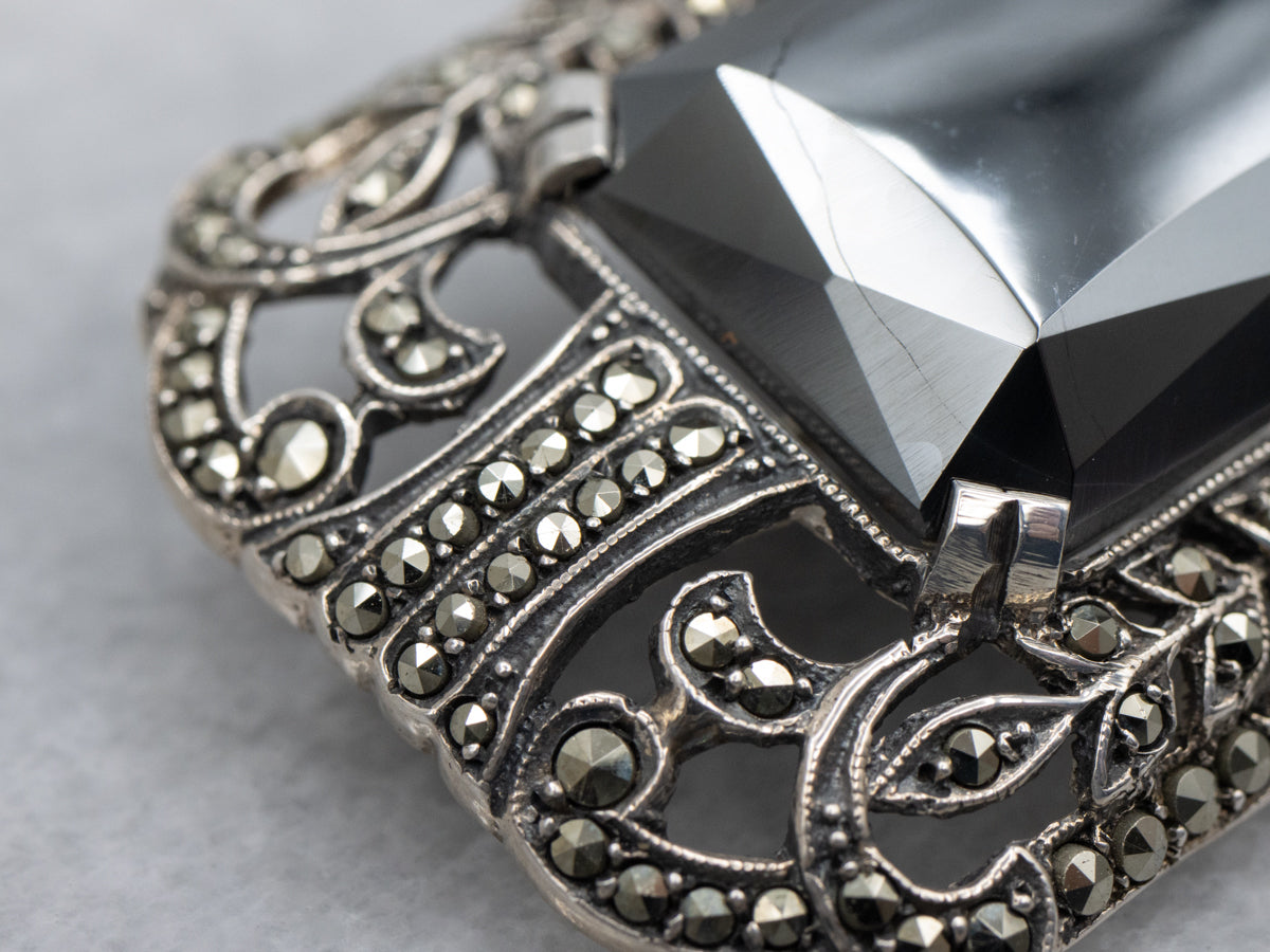 Sterling Silver 1920s Hematite and Marcasite Botanical Brooch