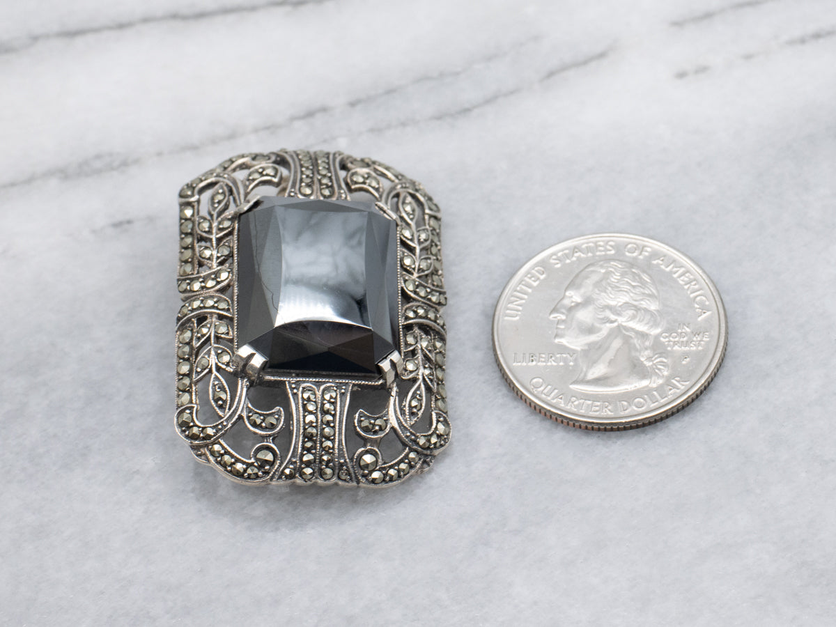 Sterling Silver 1920s Hematite and Marcasite Botanical Brooch