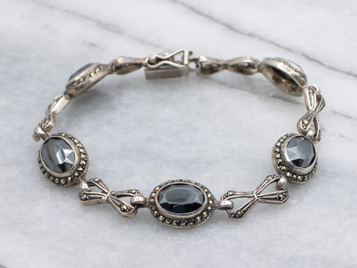 Sterling Silver Art Deco Era Hematite and Marcasite Infinity Link Bracelet