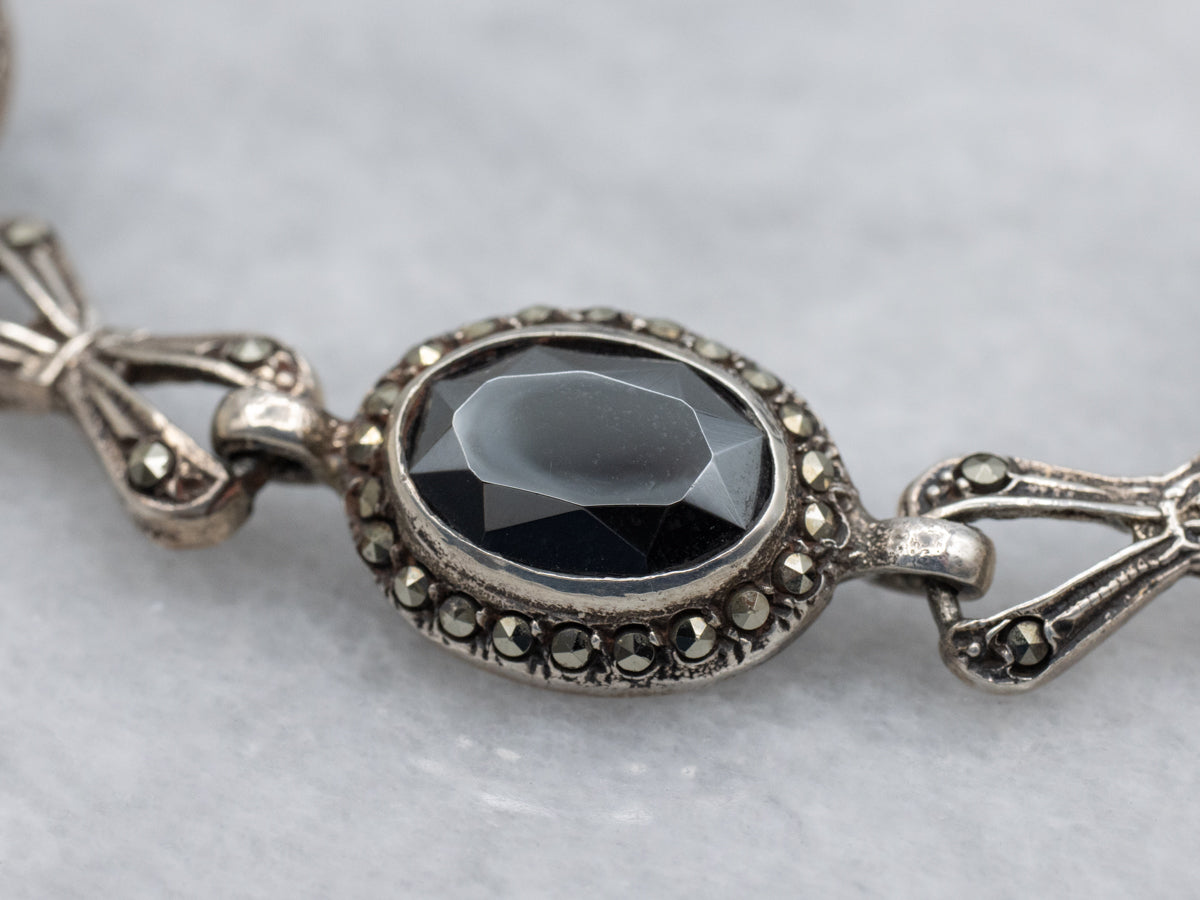 Sterling Silver Art Deco Era Hematite and Marcasite Infinity Link Bracelet