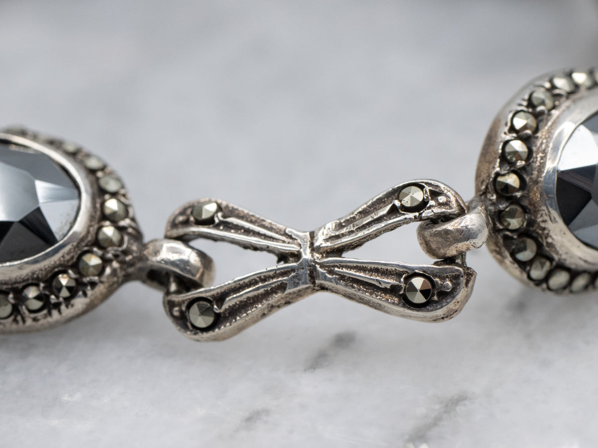 Sterling Silver Art Deco Era Hematite and Marcasite Infinity Link Bracelet
