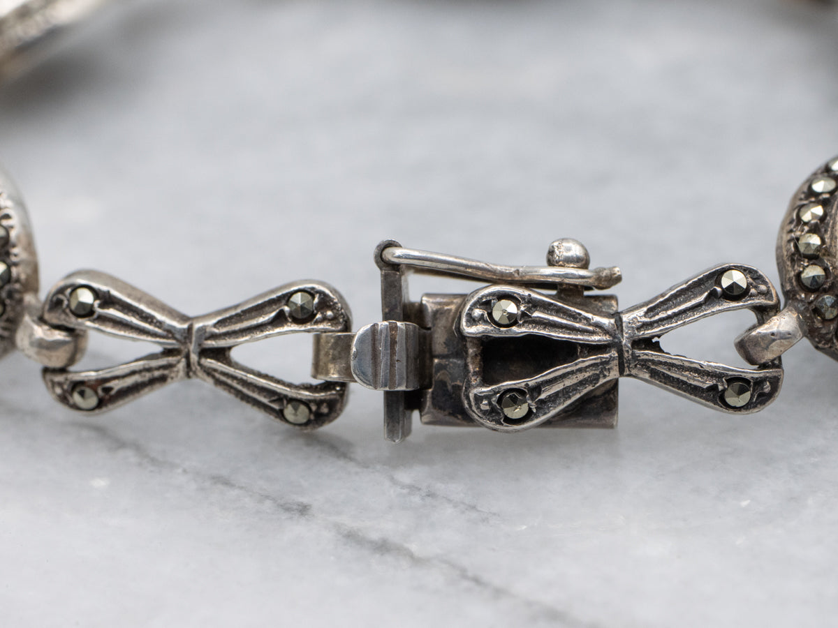 Sterling Silver Art Deco Era Hematite and Marcasite Infinity Link Bracelet