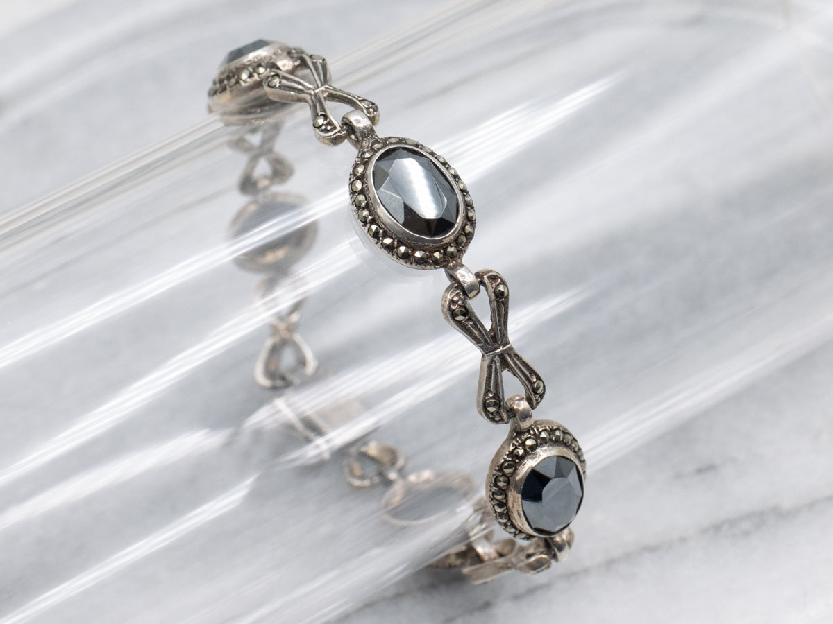 Sterling Silver Art Deco Era Hematite and Marcasite Infinity Link Bracelet