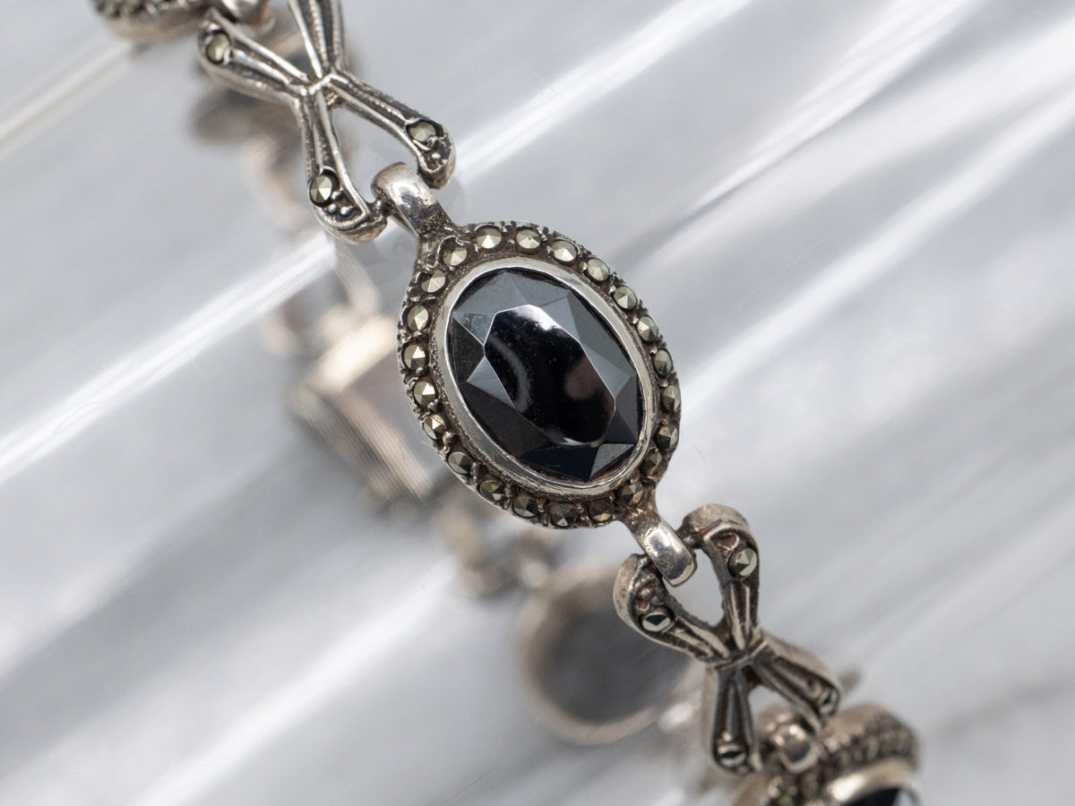 Sterling Silver Art Deco Era Hematite and Marcasite Infinity Link Bracelet