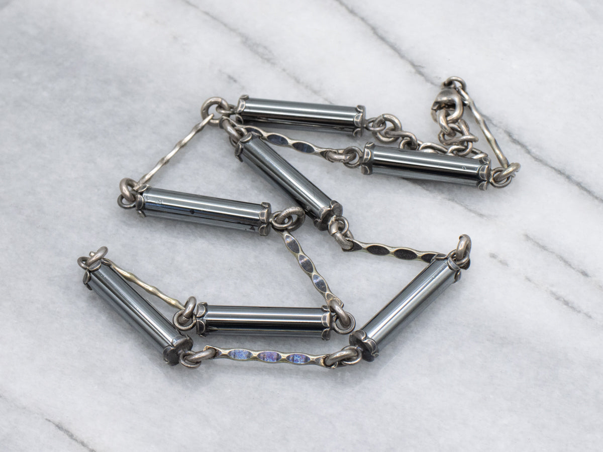 Vintage Sterling Silver Hematite Cylinder and Twisted Link Necklace with Lobster Clasp