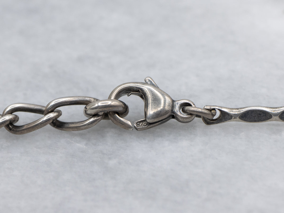 Vintage Sterling Silver Hematite Cylinder and Twisted Link Necklace with Lobster Clasp