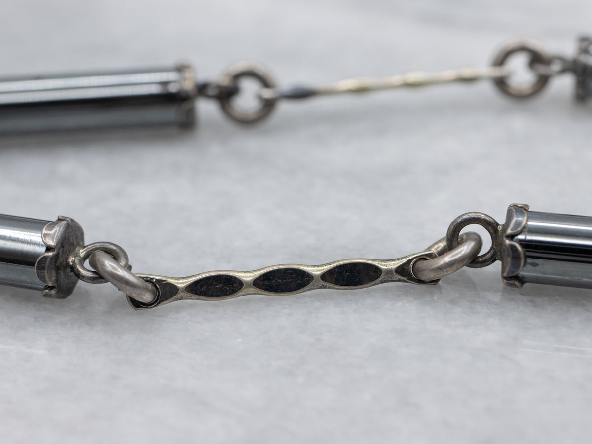 Vintage Sterling Silver Hematite Cylinder and Twisted Link Necklace with Lobster Clasp