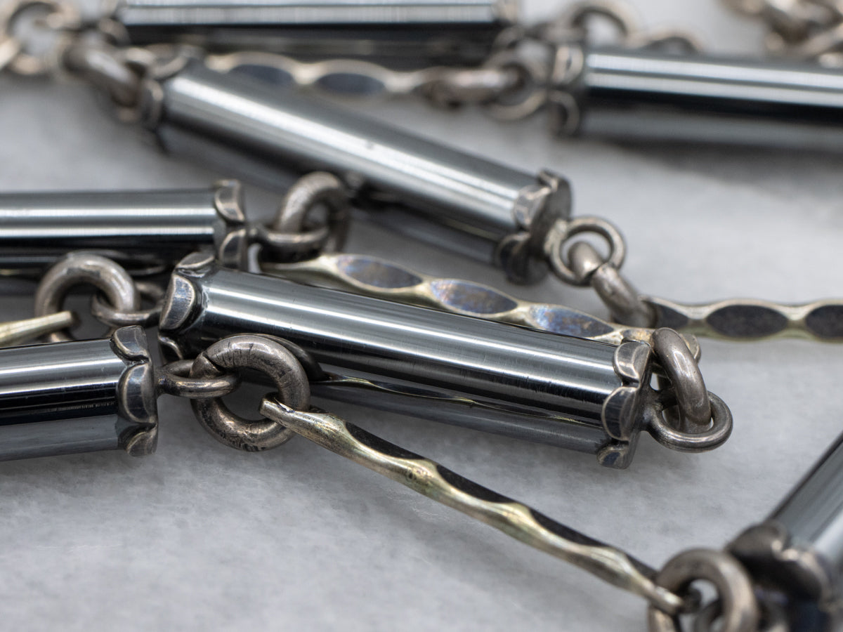 Vintage Sterling Silver Hematite Cylinder and Twisted Link Necklace with Lobster Clasp